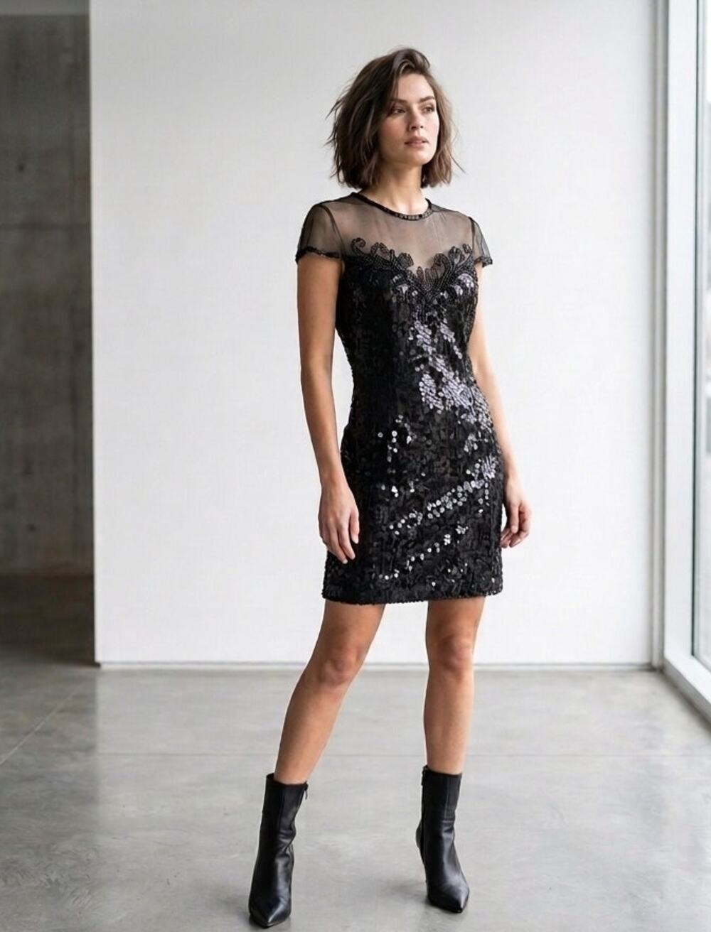Vintage Niteline Black Sequin Mini Dress 80s 90s Glam Party Club Evening‎ Size 6